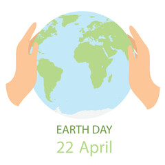 Square banner for Earth day, 22 April. Two hands protect Earth. Vector illustration.