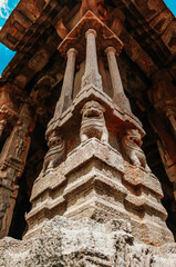 Closeup of Beautiful Stone Carving pillar architecture at The Vittala Temple or Vitthala Temple in Hampi unesco world heritage site. 