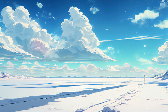 イメージ素材:アニメ風の空と雪原の風景.Generative AI