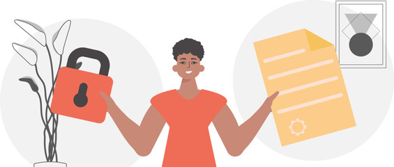 Data protection concept. Smart contract. The guy is holding a contract or document.