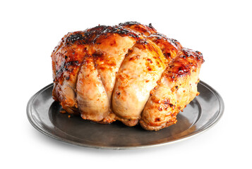 Plate with tasty Christmas ham on white background