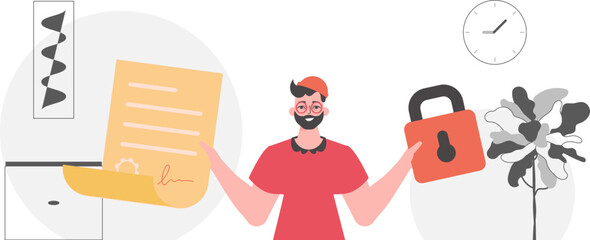 Data protection concept. Smart contract. The guy is holding a contract in his hand.