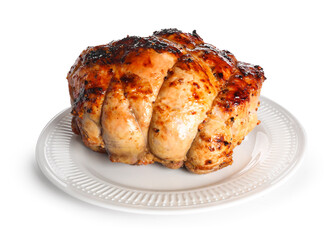 Plate with tasty Christmas ham on white background