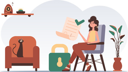 Data protection concept. Smart contract. The girl sits in a chair and holds a document in her hands. Modern trendy style.
