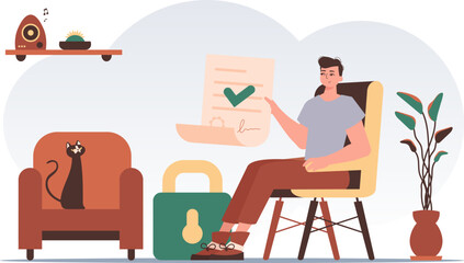 Smart contract concept. Data protection. A man sits in a chair and holds a document in his hands. Trend style character.