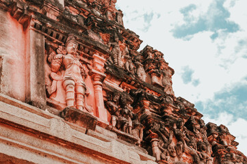 The Vittala Temple or Vitthala Temple in Hampi Mantapa statue architecture . unesco world heritage site. 