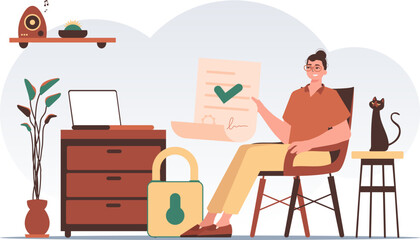 Smart contract concept. Data protection. A man sits in a chair and holds a document in his hands. Modern trendy style.