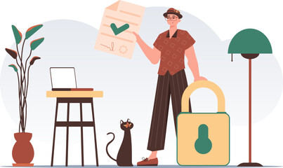 Data protection concept. Smart contract. The man is holding a document. Modern style character.