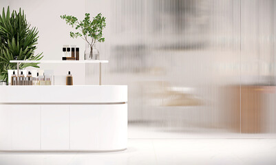 White glossy counter with skincare, cosmetic, treatment product in elegant and luxury interior design of beauty salon shop with white glossy product display counter, tree, reeded glass partition - obrazy, fototapety, plakaty