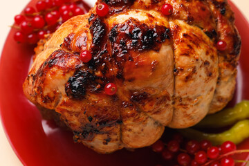 Plate with tasty Christmas ham and anise on beige background, closeup