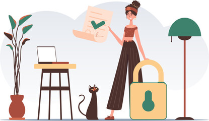 Data protection concept. Smart contract. The girl is holding a document. Modern trendy style.
