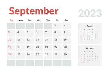 Monthly Calendar Template of september 2023. Vector simple gray grid layout for wall or desk calendar with week start on Monday for print