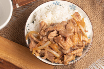 Grilled pork with Japanese sauce and onions