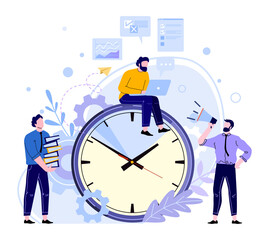 Organized office work. Employee sitting at big clock and working at laptop to meet deadline. Manager holding loudspeaker