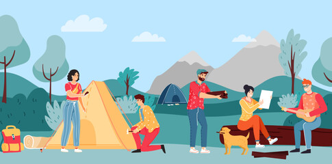 Fototapeta premium People camping. People setting up tent, man with dog pet carrying firewood for bonfire, male character playing guitar