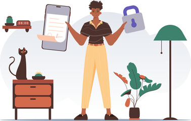 Data protection concept. Smart contract. A man is holding a contract or document. Modern trendy style.