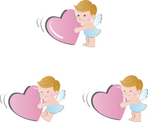 Obraz premium かわいい赤ちゃん天使とハートのフレーム イラスト素材セット