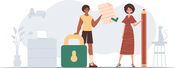 The guy and the girl sign a contract. The concept of signing and protecting data. Smart contract.