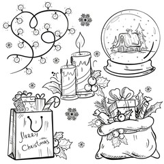 Set New year and Merry Christmas. Black line illustration. Santa, candel, present, gift, Christmas tree