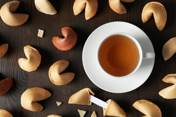 Chinese fortune cookies with prediction words, top view