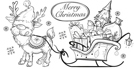 Santa's sled with gifts. Black and white illustration hand draw. Merry Christmas deer
