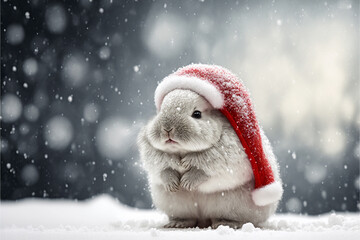 Little tiny bunny dressed up as Santa Claus on snowing