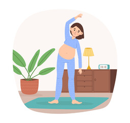 Pregnant woman practicing yoga. Female character with belly doing sport exercising at home. Young active person having workout