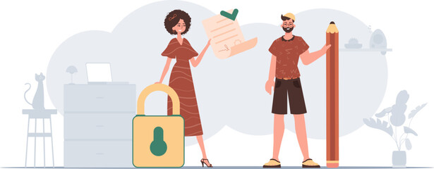 A man and a woman sign a contract. The concept of signing a smart contract. Data protection.