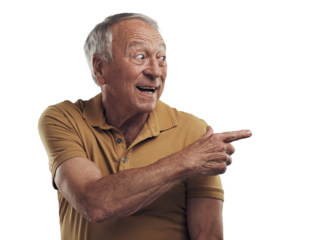 PNG Studio shot of an elderly man pointing in at something and smiling 