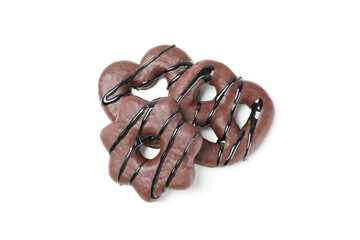 Concept of tasty bakery, gingerbread cookies in chocolate, isolated on white background