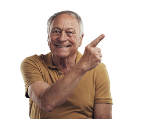 PNG Studio shot of an elderly man pointing in at something and smiling 