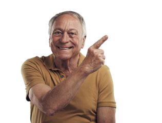 PNG Studio shot of an elderly man pointing in at something and smiling 