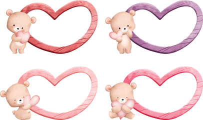 Watercolor Illustration set of Heart shape frame with Valentine bear