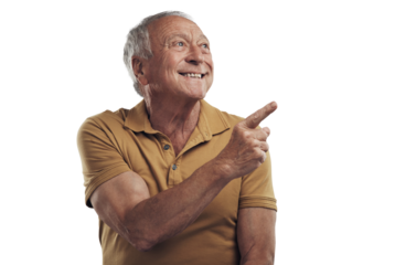 PNG Studio shot of an elderly man pointing in at something and smiling 