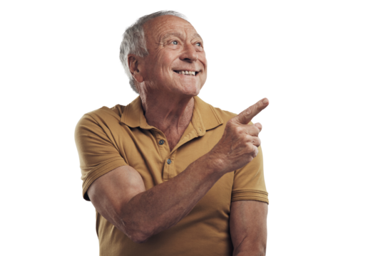 PNG Studio shot of an elderly man pointing in at something and smiling 