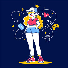 Vector illustration of cool girl in cap with smart phone, gamepad, crown on dark color background. Flat line art  style design