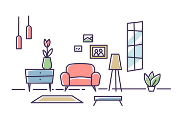 Vector illustration of home interior with sofa, table, floor lamp, window on white color background. Flat line art style design of home interior