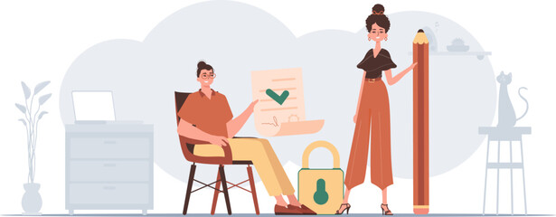 A man and a woman sign a contract. The concept of signing a contract. Data protection.