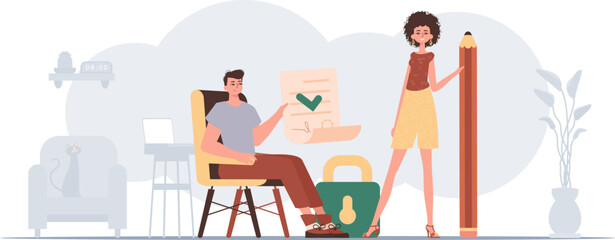 The guy and the girl sign a contract. The concept of signing and protecting data. Smart contract. Trend style character.