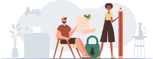 The guy and the girl sign a contract. The concept of signing and protecting data. Smart contract. Modern trendy style.