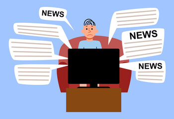 A man watches TV with his mouth open. The man is shocked by the news. Flat vector illustration.