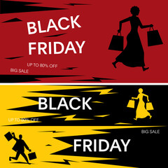 Set of Black friday sale banner with hurry shopper silhouette