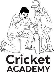 cricket academy logo, cricket coaching monogram and emblem, Sketch drawing of cricket coach giving coaching and tips to young player, illustration cricket batsman silhouette