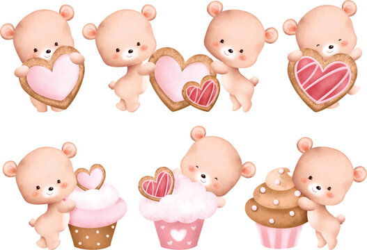 Watercolor Illustration set of Valentine bear with cupcake and cookie