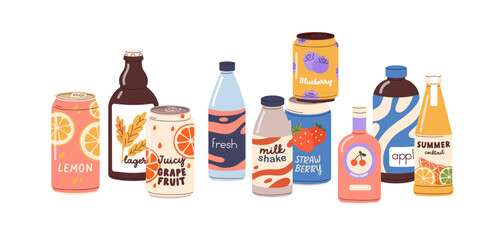 Soda drinks, summer lemonades, sweet juices, cold refreshments in glass bottles, aluminum cans, tins. Flavored carbonated beverages composition. Flat vector illustration isolated on white background