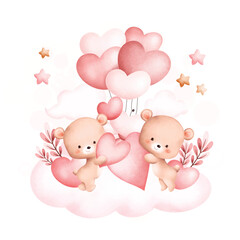 Watercolor Illustration Cute couple bears on cloud 