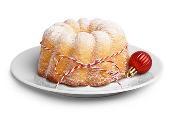 Plate with tasty Christmas cake tied with rope and ball on white background