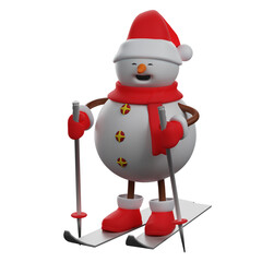 3D illustration. 3D Cartoon Snowman Design Skiing in winter. showing a cute and funny face. wearing a cool scarf. 3D Cartoon Character
