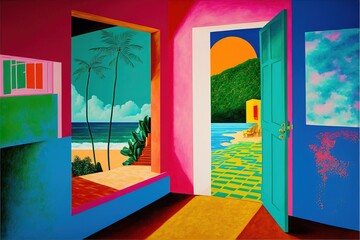 Beach house interior with wide open doors and windows with a view over the beach and summer ocean. Tropical paradise vacation in vibrant colorful pop art.