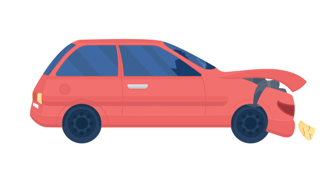 Broken car after collision semi flat color vector object. Automobile accident. Editable item. Full sized element on white. Simple cartoon style illustration for web graphic design and animation